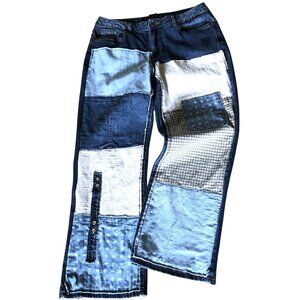 Denim Patchwork Jeans, Blue on Blue Edgy Upcycled Grunge Hippie Pants Size 12-14